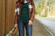 With emerald green shirt, white, gray and red plaid fringe scarf, brown leather bag and dark brown leather boots