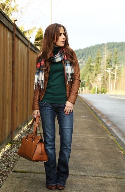 With emerald green shirt, white, gray and red plaid fringe scarf, brown leather bag and dark brown leather boots