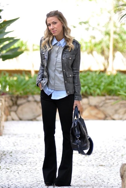 With light blue button down shirt, gray button down cardigan, black leather tote bag and black platform shoes
