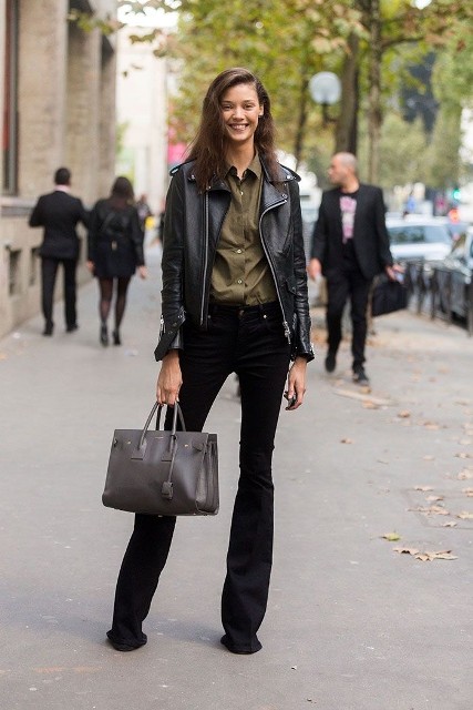 With olive green button down shirt, gray leather tote bag and high heeled shoes