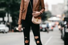With oversized sunglasses, black t-shirt, beige and brown leather chain strap bag and beige pumps