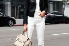 With oversized sunglasses, white shirt, beige pumps and beige leather tote bag