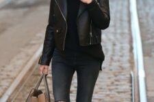 With sunglasses, black turtleneck, beige leather tote bag and beige high heeled shoes