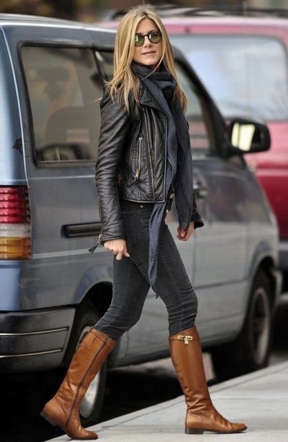 With sunglasses, shirt, oversized scarf and brown leather high boots