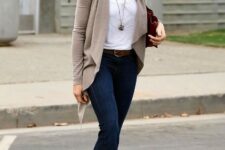 With sunglasses, white shirt, necklace, marsala leather tote bag and beige suede boots