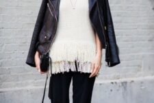With white fringe shirt, silver necklace, black leather mini bag and black and white sneakers