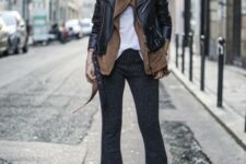 With white loose t-shirt, brown suede jacket and black boots