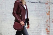 With white shirt, marsala leather bag and beige leather high heels