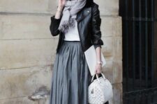 With white shirt, pastel colored fringe scarf, white and light gray checked bag and black and beige shoes