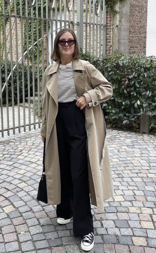 a Breton stripe top, black palazzo pants, black sneakers, a black bag and a beige midi trench are an effortlessly chic look