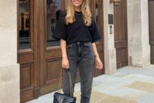 a black tee, grey cropped mom jeans, black loafers, a black bag on chain for a casual everyday look