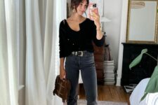 a black top and a cropped cardigan, graphite grey jeans, nude strappy shoes and a brown bag for a girlish and chic spring look