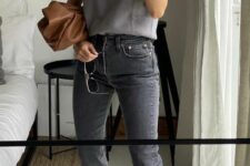 a grey top, grey cropped jeans, black sandals, a chain naklet and a brown clutch is a lovely and simple look for spring and summer