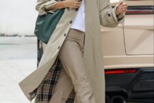 a white t-shirt, beige leather pants, a tan trench, white trainers and a green hobo bag are great and comfy for spring