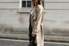 a white t-shirt, black trousers, white trainers, a black hobo bag and a beige midi trench are classics for spring