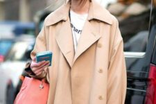 an oversized beige trench is a cool idea for spring, it’s a timeless piece you may choose and it will be always on