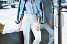 02 a blue striped shirt, a blue blazer, white jeans and black lace up flats for a classy French chic look