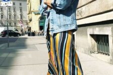 02 a bright striped slip dress, an oversized blue denim jacket, grey dad trainers and white socks