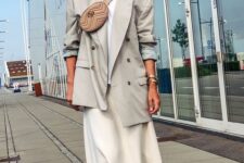 02 a chic outfit with a white t-shirt, a neutral midi skirt, a dove grey blazer, nude shoes, tulle socks and a beige bag