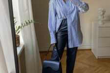 a classic work outfit with a stiped shirt
