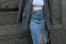 05 a white t-shirt, a blue denim midi with a front slit, grey trainers and white socks, a grey oversized blazer and a black bag