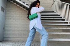 06 a white oversized shirt, bleached blue jeans, green Jordan sneakers, a green bag with chain are a cool look