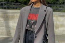 09 a grey printed tee, a grey oversized blazer, black jeans, a black bag are a cool and bold look for spring