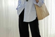 10 a blue striped shirt, black trousers, neutral sneakers and a tan tote are a gerat and comfy look for spring