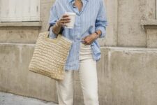 11 a blue striped shirt, ivory cropped jeans, white trainers, a straw bag are all you need for spring to summer time