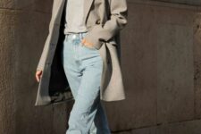 12 a simple and cool outfit with a grey t-shirt and an oversized blazer, light blue jeans, white sneakers and a chain necklace