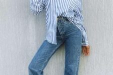15 a simple and classy spring look with a blue stripe shirt, blue jeans, white high top sneakers works anytime