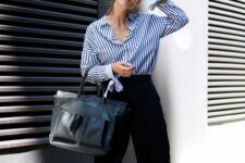 20  a spring work outfit with black culottes, a blue stripe shirt, black loafers and a black tote is amazing to rock