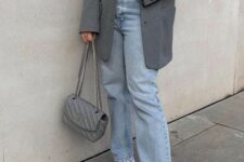 25 a white t-shirt, bleached jeans, white trainers, a graphite grey blazer and a grey bag with chain are a lovely look for spring