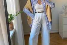 25 a white top and trousers, a blue stripe shirt, a tan jumper on top are a lovely outfit for a cold spring day