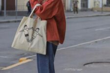 27 a red jacket, blue jeans, grey trainers, a neutral canvas bag are a great look for spring or fall