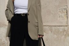 30 a stylish spring to summer work outfit with a white bodysuit, a greige oversized blazer, black pants, a black bag and a black belt