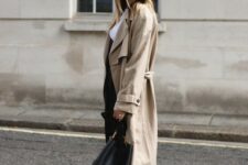 38 a white t-shirt, black trousers, white trainers, a black hobo bag and a beige midi trench are classics for spring