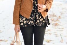 With black and white floral printed long blouse, beige leather tote bag and printed lace up flat shoes