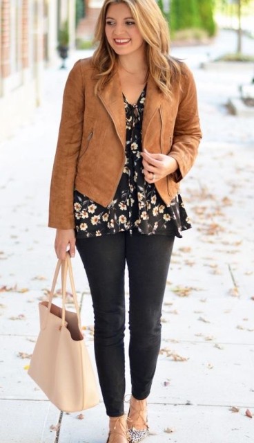 With black and white floral printed long blouse, beige leather tote bag and printed lace up flat shoes