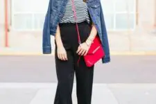 With black and white striped shirt, red leather crossbody bag and black and beige ankle strap shoes