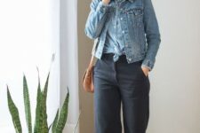 With light blue denim button down shirt, brown leather bag and brown leather flat ankle boots