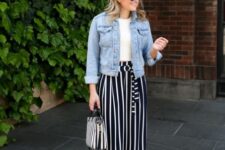 With rounded sunglasses, white t-shirt, black and white striped bag and white flat mules