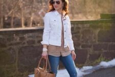 With sunglasses, beige long blouse, brown leather tote bag and beige shoes
