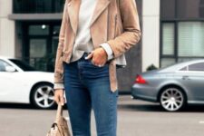 With sunglasses, light gray sweater, shoes and beige leather bag