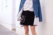 With sunglasses, white loose long sleeved turtleneck, black leather chain strap bag and black lace up flat shoes