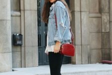With white long button down shirt, red leather bag and white sneakers