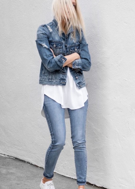 With white long shirt and white sneakers