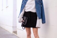 With white long sleeved turtleneck sweater, black leather chain strap bag, sunglasses and black lace up flat shoes
