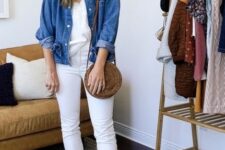 With white shirt, necklace, beige straw rounded bag and brown leather mules