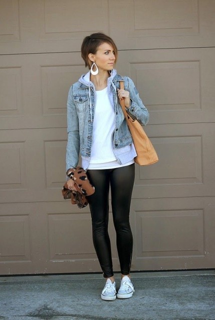 With white shirt, white earrings, light brown leather tote bag, printed scarf and white sneakers